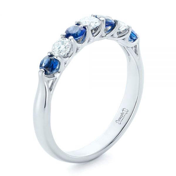 18k White Gold 18k White Gold Custom Blue Sapphire And Diamond Wedding Band - Three-Quarter View -  102404