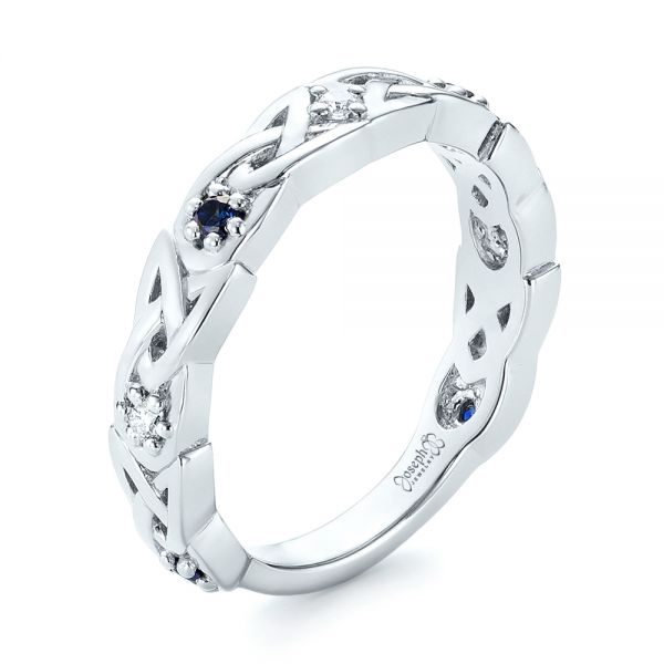 14k White Gold 14k White Gold Custom Blue Sapphire And Diamond Wedding Band - Three-Quarter View -  103440