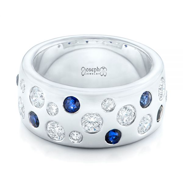  Platinum Platinum Custom Blue Sapphire And Diamond Wedding Band - Flat View -  102697