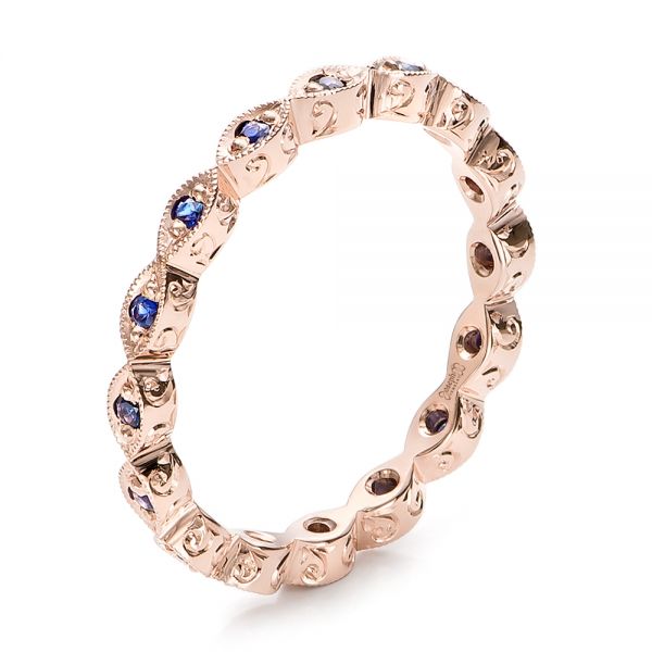 14k Rose Gold Custom Blue Sapphire Wedding Band - Three-Quarter View -  100884