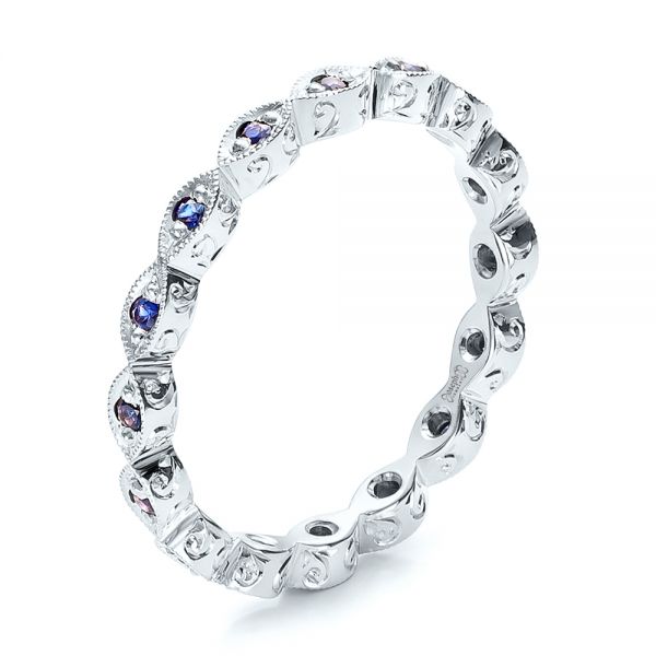 14k White Gold 14k White Gold Custom Blue Sapphire Wedding Band - Three-Quarter View -  100884