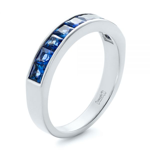 14k White Gold 14k White Gold Custom Blue Sapphire Wedding Band - Three-Quarter View -  102220