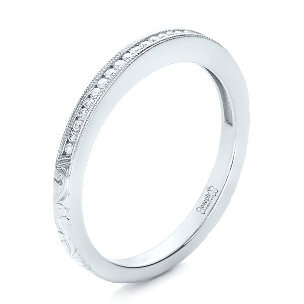 18k White Gold Custom Channel Set Diamond And Hand Engraved Wedding Band - Three-Quarter View -  101643