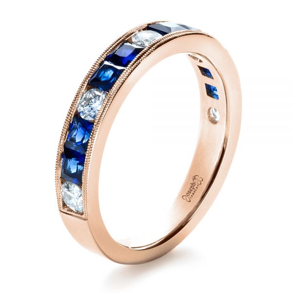 14k Rose Gold 14k Rose Gold Custom Diamond And Blue Sapphire Band - Three-Quarter View - 1388