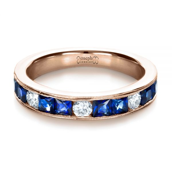 14k Rose Gold 14k Rose Gold Custom Diamond And Blue Sapphire Band - Flat View - 1388
