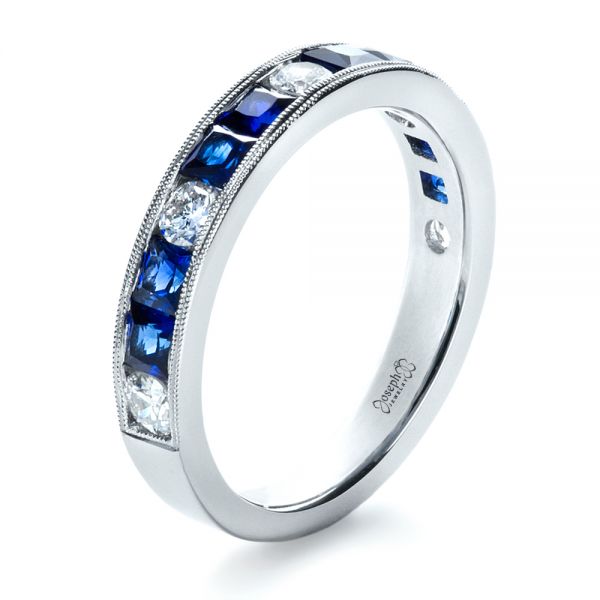 14k White Gold 14k White Gold Custom Diamond And Blue Sapphire Band - Three-Quarter View -  1388