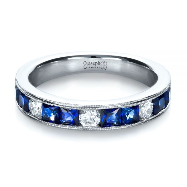 14k White Gold 14k White Gold Custom Diamond And Blue Sapphire Band - Flat View -  1388