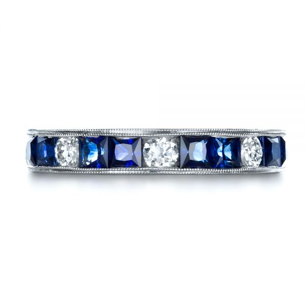 14k White Gold 14k White Gold Custom Diamond And Blue Sapphire Band - Top View -  1388