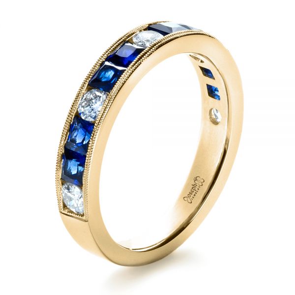 14k Yellow Gold 14k Yellow Gold Custom Diamond And Blue Sapphire Band - Three-Quarter View -  1388