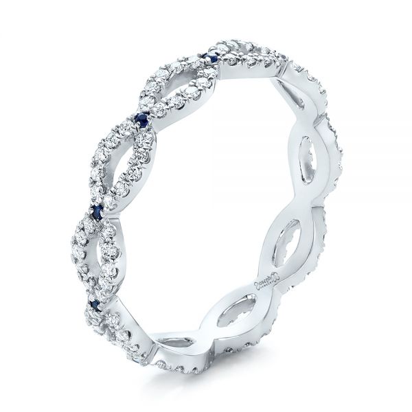 14k White Gold 14k White Gold Custom Diamond And Blue Sapphire Wedding Band - Three-Quarter View -  102120