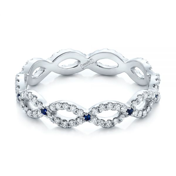 18k White Gold Custom Diamond And Blue Sapphire Wedding Band - Flat View -  102120
