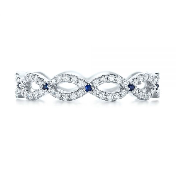 18k White Gold Custom Diamond And Blue Sapphire Wedding Band - Top View - 102120