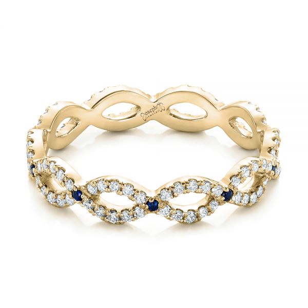18k Yellow Gold 18k Yellow Gold Custom Diamond And Blue Sapphire Wedding Band - Flat View -  102120