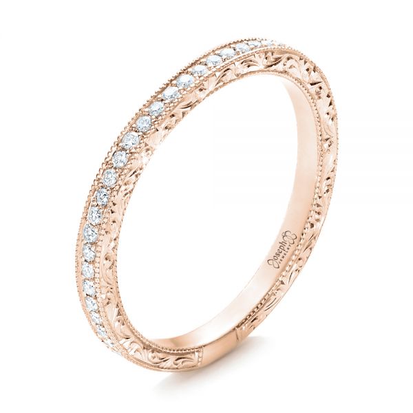 18k Rose Gold 18k Rose Gold Custom Diamond And Hand Engraved Wedding Band - Three-Quarter View -  101617