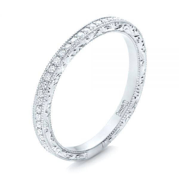 14k White Gold Custom Diamond And Hand Engraved Wedding Band - Three-Quarter View -  101617