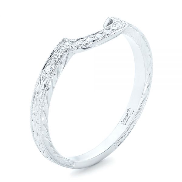 14k White Gold Custom Diamond And Hand Engraved Wedding Band - Three-Quarter View -  102441