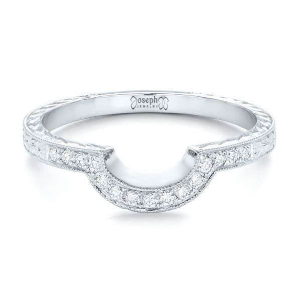 14k White Gold Custom Diamond And Hand Engraved Wedding Band - Flat View -  102441
