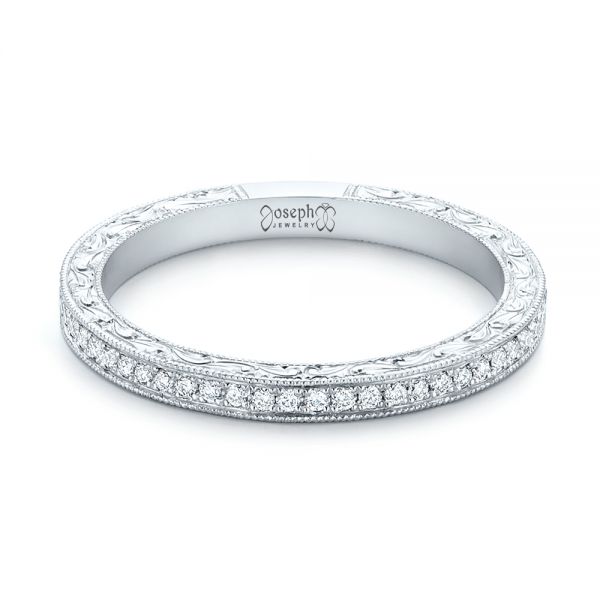 18k White Gold 18k White Gold Custom Diamond And Hand Engraved Wedding Band - Flat View -  102848