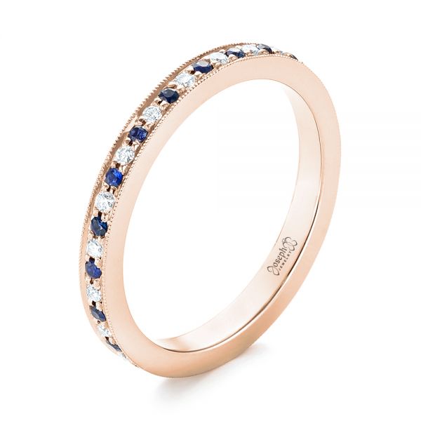 18k Rose Gold 18k Rose Gold Custom Eternity Blue Sapphire And Diamond Wedding Band - Three-Quarter View -  103504