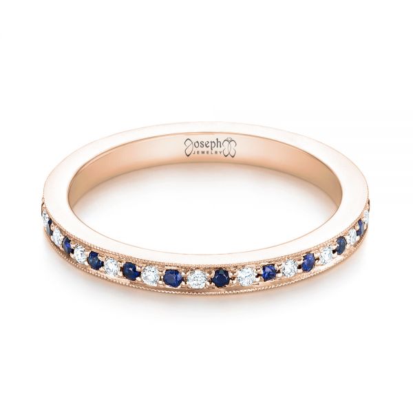 18k Rose Gold 18k Rose Gold Custom Eternity Blue Sapphire And Diamond Wedding Band - Flat View -  103504