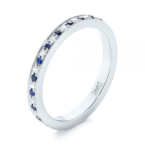 18k White Gold 18k White Gold Custom Eternity Blue Sapphire And Diamond Wedding Band - Three-Quarter View -  103504