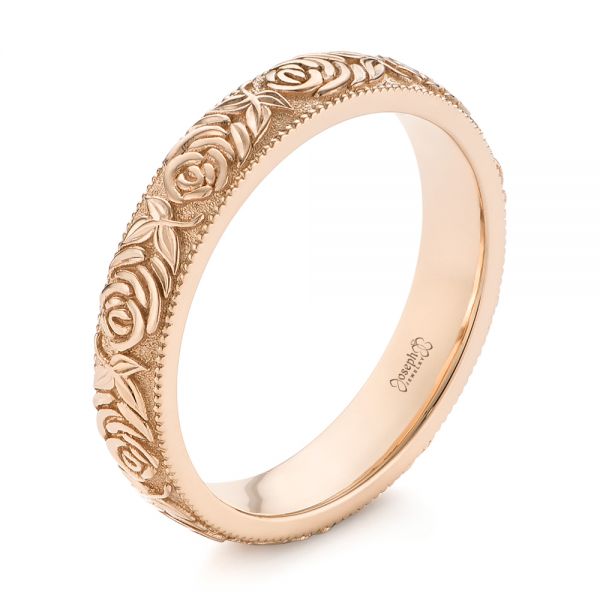 18k Rose Gold 18k Rose Gold Custom Floral Engraved Wedding Band - Three-Quarter View -  104206