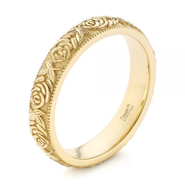 18k Yellow Gold 18k Yellow Gold Custom Floral Engraved Wedding Band - Three-Quarter View -  104206