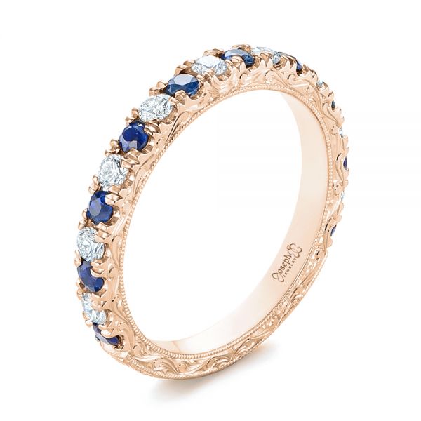 14k Rose Gold 14k Rose Gold Custom Hand Engraved Blue Sapphire And Diamond Wedding Band - Three-Quarter View -  104796