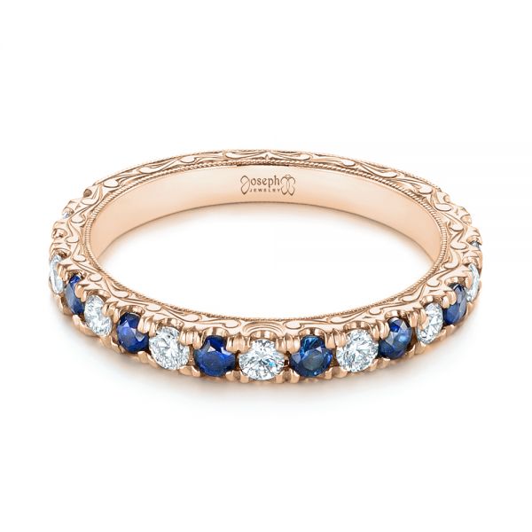 14k Rose Gold 14k Rose Gold Custom Hand Engraved Blue Sapphire And Diamond Wedding Band - Flat View - 104796
