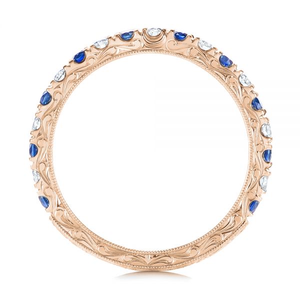 14k Rose Gold 14k Rose Gold Custom Hand Engraved Blue Sapphire And Diamond Wedding Band - Front View - 104796
