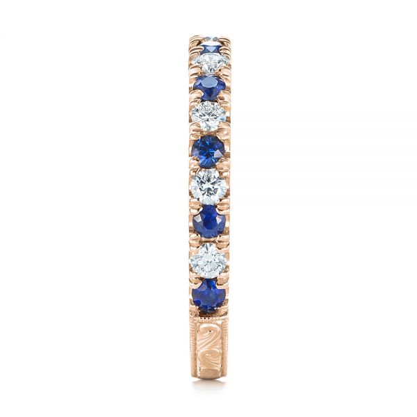 14k Rose Gold 14k Rose Gold Custom Hand Engraved Blue Sapphire And Diamond Wedding Band - Side View - 104796