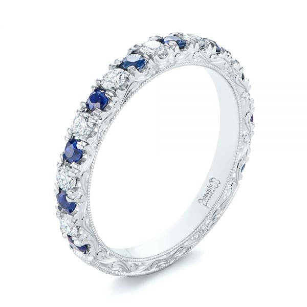  Platinum Custom Hand Engraved Blue Sapphire And Diamond Wedding Band - Three-Quarter View -  104796