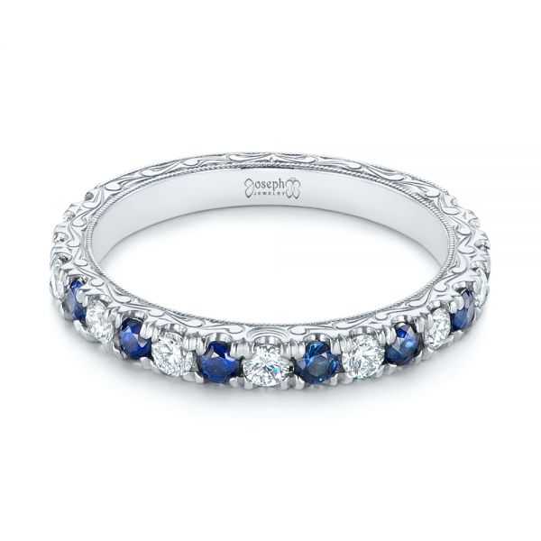 Platinum Custom Hand Engraved Blue Sapphire And Diamond Wedding Band - Flat View - 104796