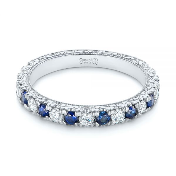 18k White Gold 18k White Gold Custom Hand Engraved Blue Sapphire And Diamond Wedding Band - Flat View -  104796