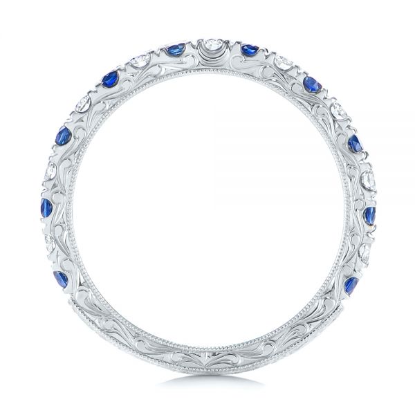 Platinum Custom Hand Engraved Blue Sapphire And Diamond Wedding Band - Front View - 104796