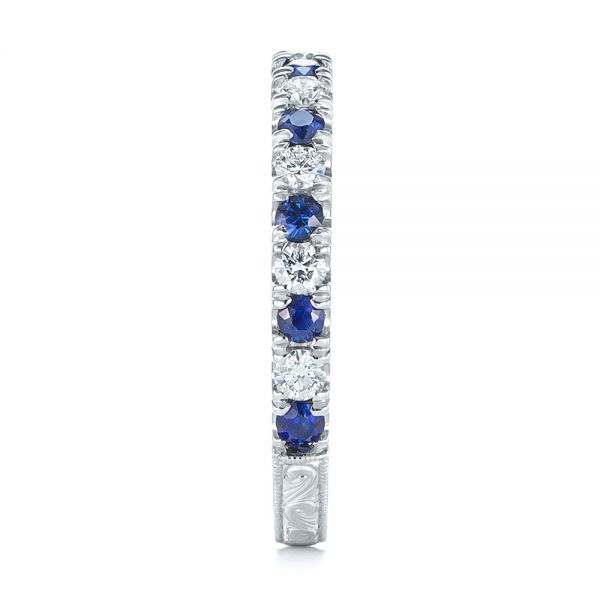 Platinum Custom Hand Engraved Blue Sapphire And Diamond Wedding Band - Side View - 104796