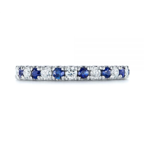 Platinum Custom Hand Engraved Blue Sapphire And Diamond Wedding Band - Top View - 104796