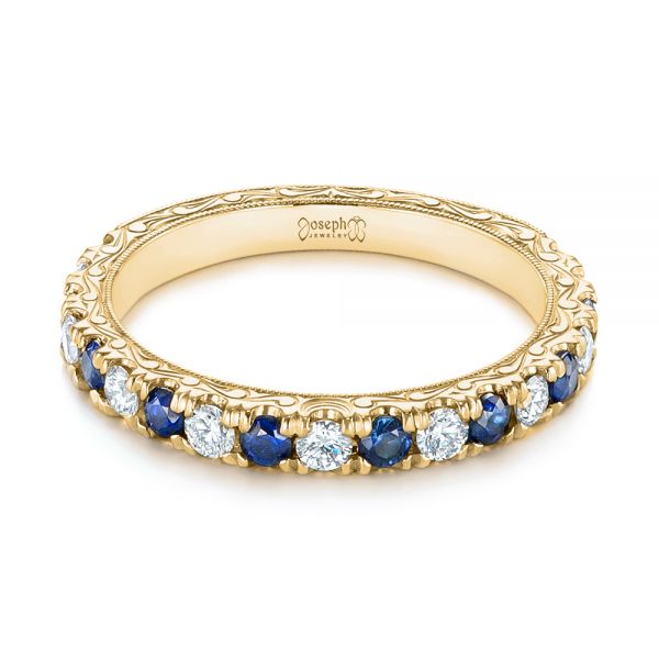 18k Yellow Gold 18k Yellow Gold Custom Hand Engraved Blue Sapphire And Diamond Wedding Band - Flat View -  104796
