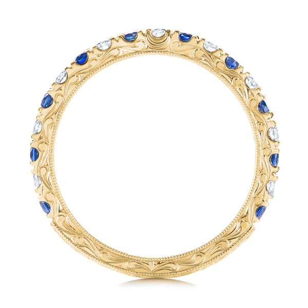 18k Yellow Gold 18k Yellow Gold Custom Hand Engraved Blue Sapphire And Diamond Wedding Band - Front View -  104796