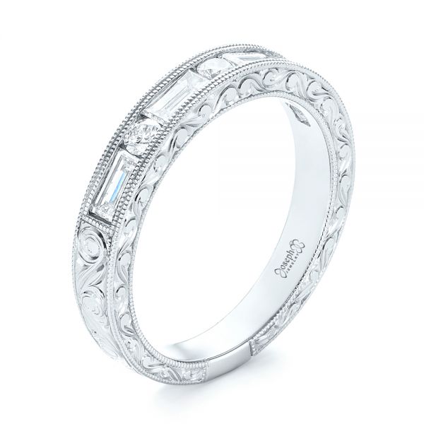 18k White Gold 18k White Gold Custom Hand Engraved Diamond Wedding Band - Three-Quarter View -  103654