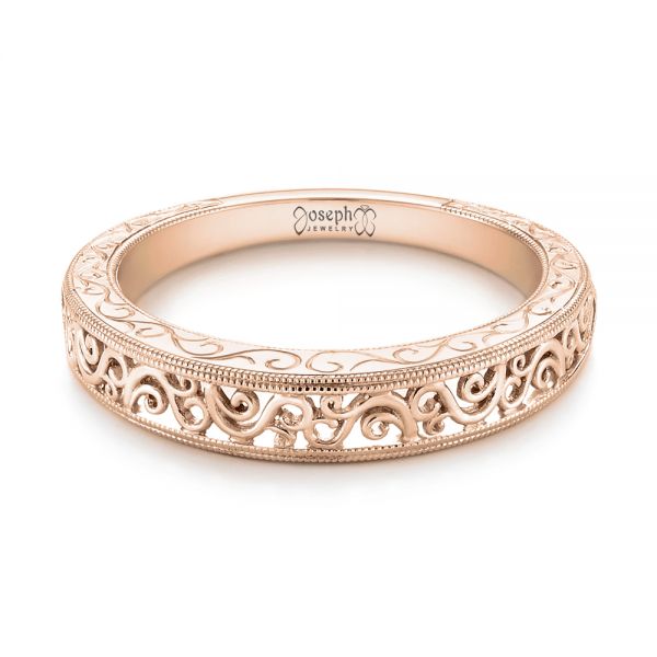 14k Rose Gold 14k Rose Gold Custom Hand Engraved Filigree Wedding Band - Flat View -  103341