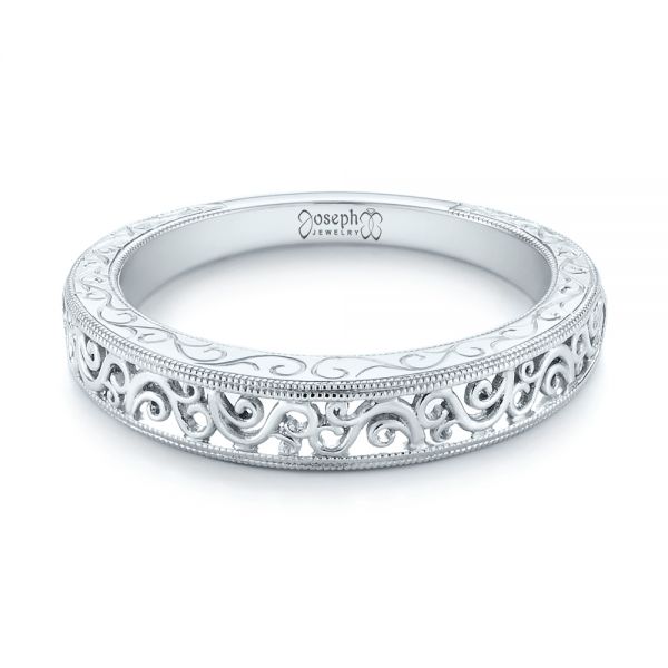 18k White Gold 18k White Gold Custom Hand Engraved Filigree Wedding Band - Flat View -  103341