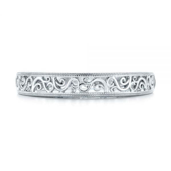 14k White Gold Custom Hand Engraved Filigree Wedding Band - Top View - 103341