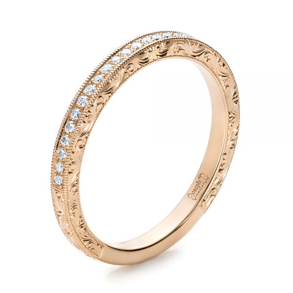 14k Rose Gold Custom Hand Engraved Diamond Wedding Band - Three-Quarter View -  101286