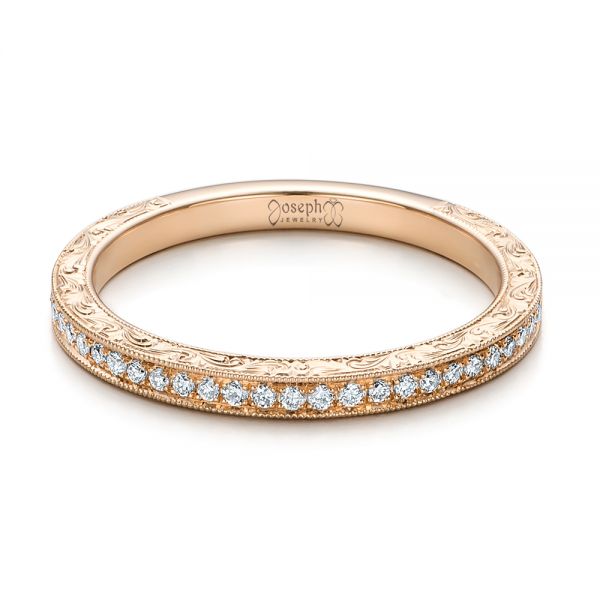 14k Rose Gold Custom Hand Engraved Diamond Wedding Band - Flat View -  101286