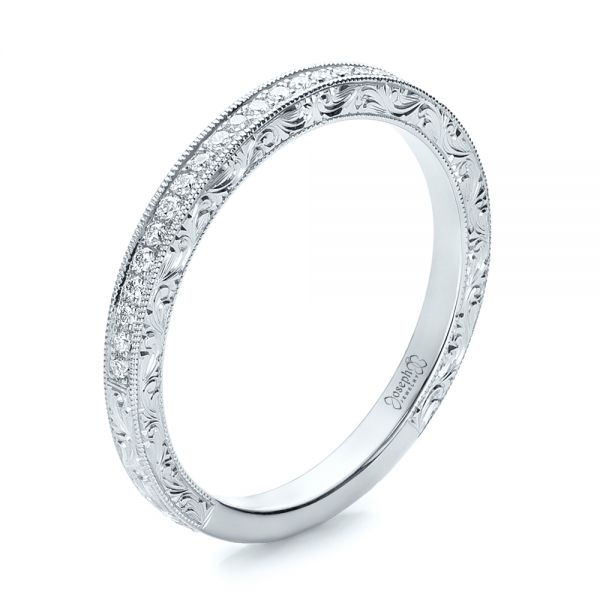  Platinum Platinum Custom Hand Engraved Diamond Wedding Band - Three-Quarter View -  101286