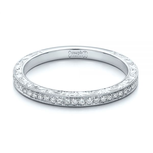 14k White Gold 14k White Gold Custom Hand Engraved Diamond Wedding Band - Flat View - 101286
