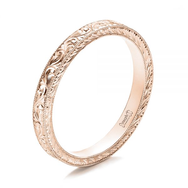 18k Rose Gold 18k Rose Gold Custom Hand Engraved Wedding Band - Three-Quarter View -  100814