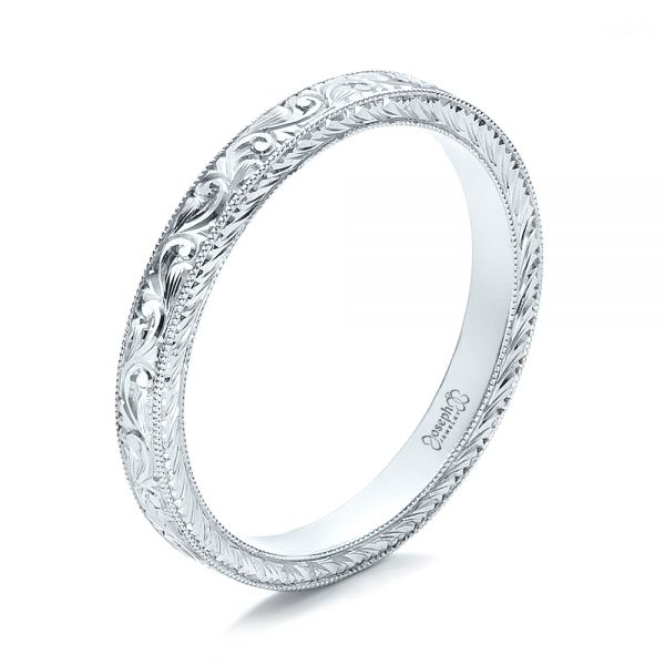 14k White Gold Custom Hand Engraved Wedding Band - Three-Quarter View -  100814