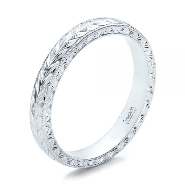 14k White Gold Custom Hand Engraved Wedding Band - Three-Quarter View -  100880